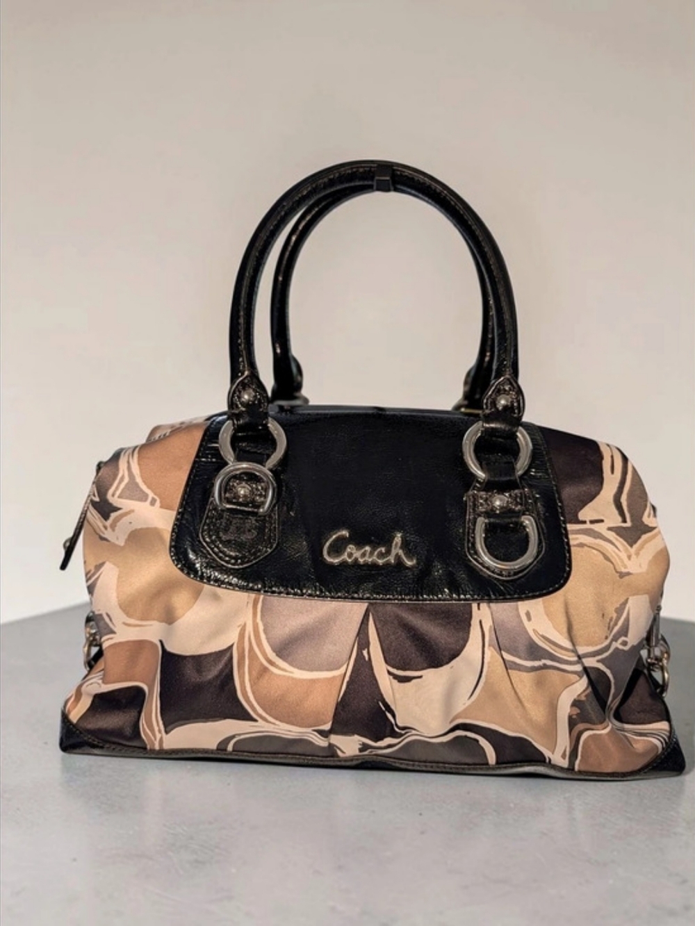 Coach Ashley Hand Drawn Scarf Print Satchel F17650 Black Patent Leather
